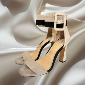 Vince Camuto Nude Ankle Strap Heels Block Heel Sandals Size 6.5 37 Neutral Suede